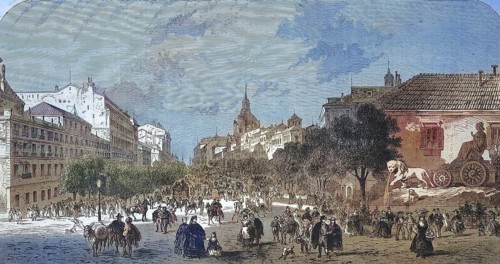 Rue dAlcala, Calle de Alcala, in Madrid in 1869, Spain, Historic, digitally restored reproduction