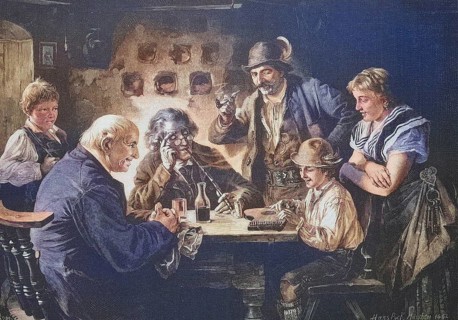 Child learning to play the zither, the family watching, smoking a pipe, living room, Bavaria,