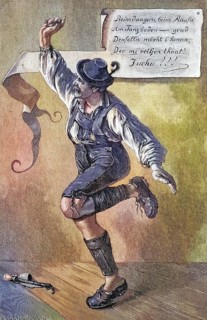 Schuhplattler, traditioneller Tanz in Bayern, hier ausgeführt von einem Mann mit Lederhosen und