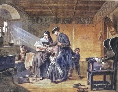 The Return Home, the father returns from a long journey and is greeted by the family, 1869, France,