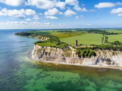 Aerial view of Cape Arkona with chalk cliffs and bearing tower, Putgarten, Rügen Island,