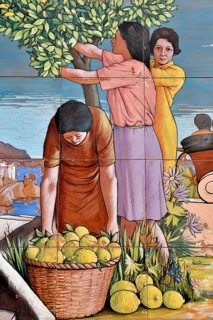 Wall tiles with an image of the lemon harvest, Amalfi, Amalfi Coast, Costiera Amalfitana, Province
