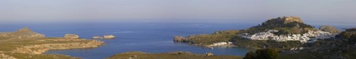 Panorama shot, evening light or late afternoon light, Acropolis and St John's Fortress of Lindos,