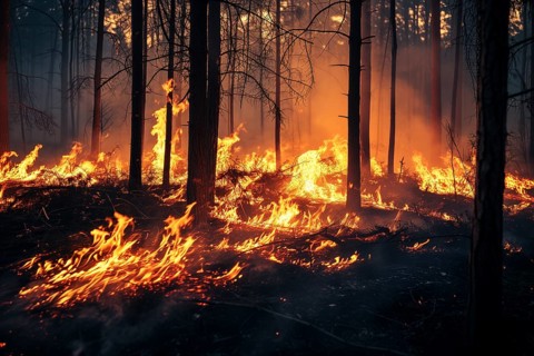A forest wildfire is raging through a wooded area. Trees are on fire and flames are spreading