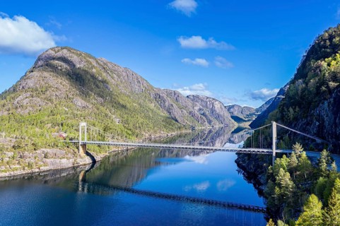 Aerial view, suspension bridge over the Erfjord, clouds to be reflected in the calm water of the
