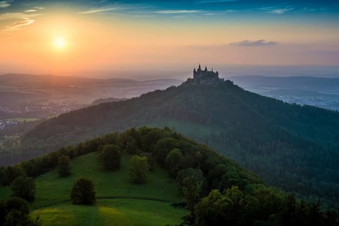 Hohenzollern Castle, sunset, Hechingen, Swabian Alb, Baden-Württemberg, Germany, Europe