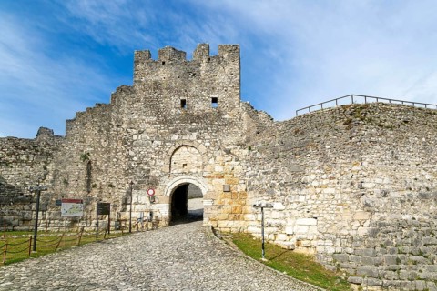 Defensive walls ramparts at entrance to Berat Castle UNESCO World Heritage Site, Berat, Albania,