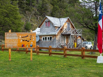 Villa o' Higgins, at the central park, information board about glaciers and huemul wildlife in the