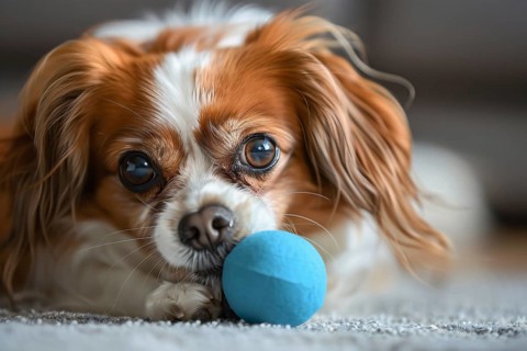 Cute small dog with blue ball. Generative Ai, AI generated