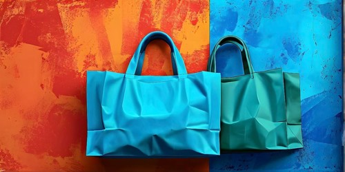Assorted vibrant shopping bags lined up in front of a colored background, AI generated