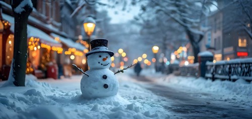 Snowman in an idylic winter urban scenery, snow-covered streets and buildings in background,