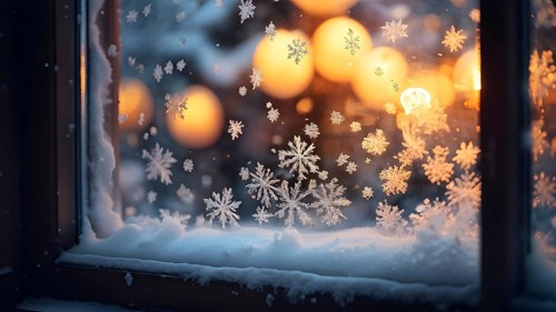 Snow-covered window with frost patterns, candlelight softly glowing through the glass, and warm,