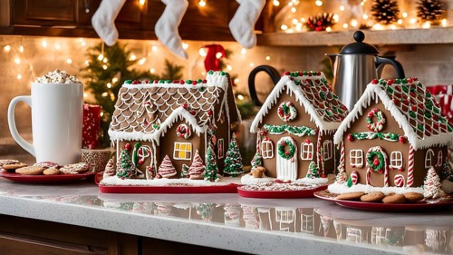 Kitchen counter filled with Christmas cookies, gingerbread houses, and mugs of hot chocolate, with