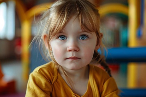 Young toddler girl in kindergarden child day care. Generative Ai, AI generated
