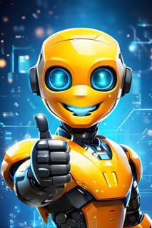 Friendly smiling yellow robot with a thumb up symbolizing artificial intelligence, AI generated