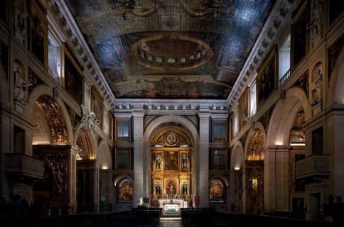Interior view, nave, choir, coffered ceiling, ceiling painting, ceiling, church Igreja de São