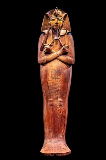 Cedar coffin of Ramses II with its cartouche from the exhibition: Ramses the Great and the Gold of