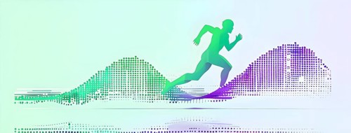 Illustration of a wave of vibrant data points shaping into a runner silhouette, conveying speed and