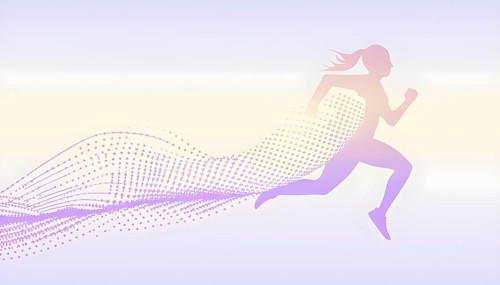 Illustration of a wave of data points shaping into a female runner silhouette, purple pastel hues,