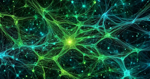 Flowing neural network, with glowing nodes connecting and disconnecting in a smooth and rhythmic