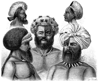Portrait of some men of the Biti Indians with headdress, face painting, necklace, South Africa,