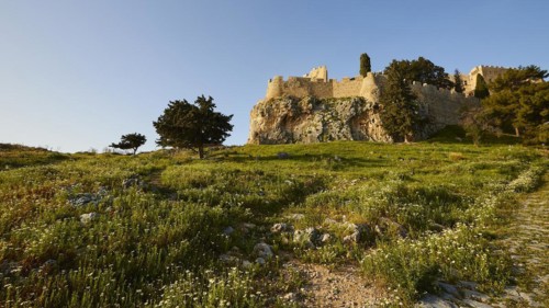 Morning light, St John's fortress, ascent to the Acropolis, Lindos, green meadows, Rhodes,