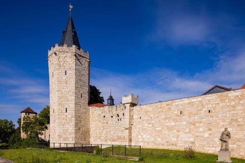 Historic fortifications, with inner woman's gate and St Mary's Church
