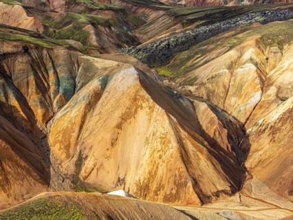Colorful rhyolite mountains, lava field below mt. Brennisteinsalda, Landmannalaugar, Fjallabak