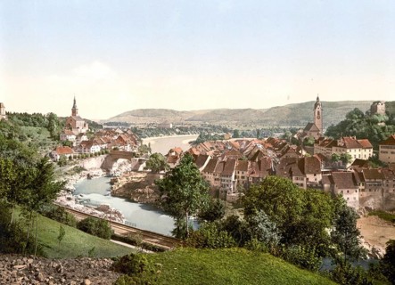 Gross und Klein Laufenburg, Aargau, Switzerland, Historic, digitally restored reproduction from a