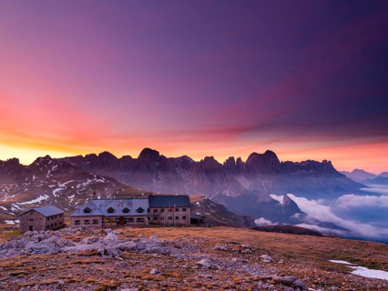 Schlernhaus at dawn, behind rose garden, Dolomites, Schlern, South Tyrol, Italy, Europe