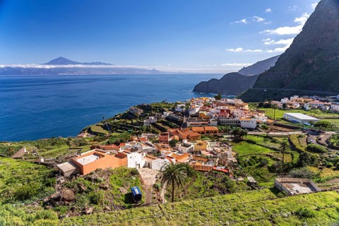 View from the Mirador de Abrante viewpoint to Agulo and the island of Tenerife, La Gomera, Canary