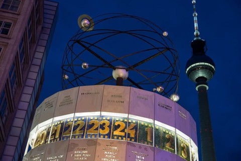 The World Time Clock in front of the Berlin TV Tower on Alexanderplatz, Berlin, 21 December 2024