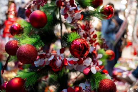 Christmas decoration items displayed for sell at a stall, ahead of Christmas on December 22, 2024