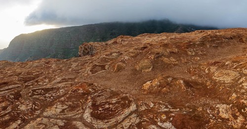 Different coloured rock layers in the rock, red earth, erosion, La Gomera, Canary Islands, Spain,