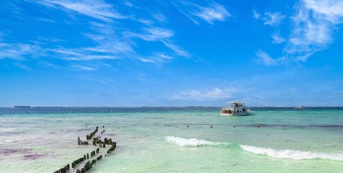 Mexico, Cancun, Isla Mujeres, Playa Norte sand beach with palm trees waiting for tourists, Central