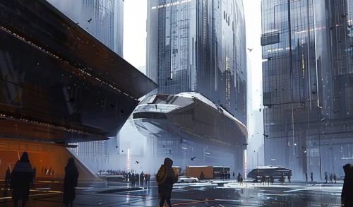 Concept of a future city with future architecture and transport ships, AI generated