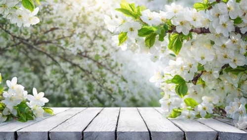 Spring nature background with blossoming flowers and rustic wooden table, AI generated