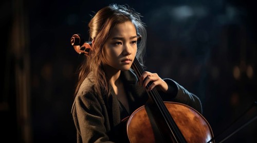 Young asian girl playing her cello at the concert hall under dramatic lights, generatvie AI, AI