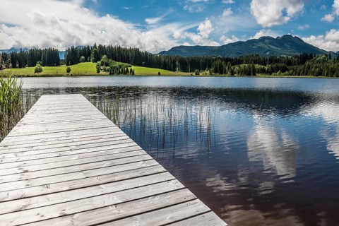 Jetty, Attlesee, near Nesselwang, Oberallgäu, Allgäu, Swabia, Bavaria, Germany, Europe