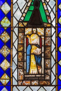 Stained glass of east window medieval fragments, Church of Saint Nicholas, Rushbrooke, Suffolk,