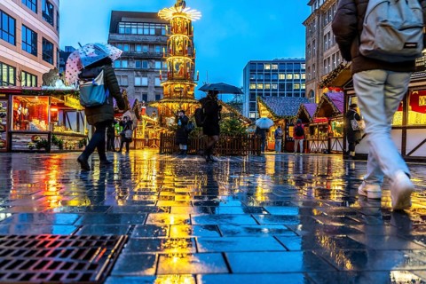Empty Christmas market, Willy-Brandt-Platz, rainy weather, Essen, North Rhine-Westphalia, Germany,