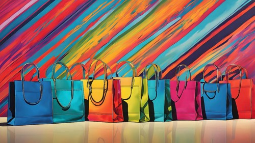Assorted vibrant shopping bags lined up in front of a colored background, AI generated