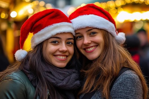 Pair of young women with winter santa hats at christmas market. Generative AI, AI generated