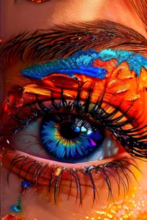 Close up portrait of an intricate eye makeup with vividly colored eyelids, AI generated