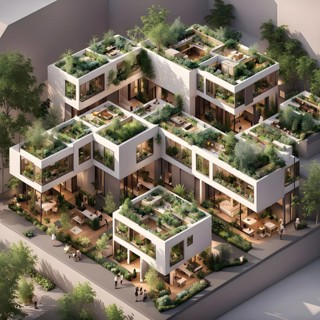 3d render of a compact community of interconnected artists studios in co living, AI generated