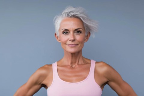 Mature woman with short gray hair and sports bra with muscular toned arms. KI generiert, generiert