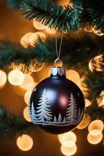 Christmas ornament hanging on a tree, with reflections of twinkling lights and fireplace flames
