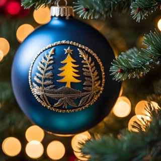 Christmas ornament hanging on a tree, with reflections of twinkling lights and fireplace flames