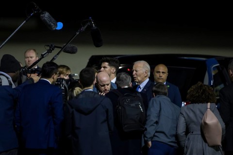 Joe Biden (46th President of the United States) gives interviews to journalists after his arrival