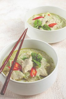 Green curry with chicken, traditional Thai cuisine, Asian food, homemade, no people